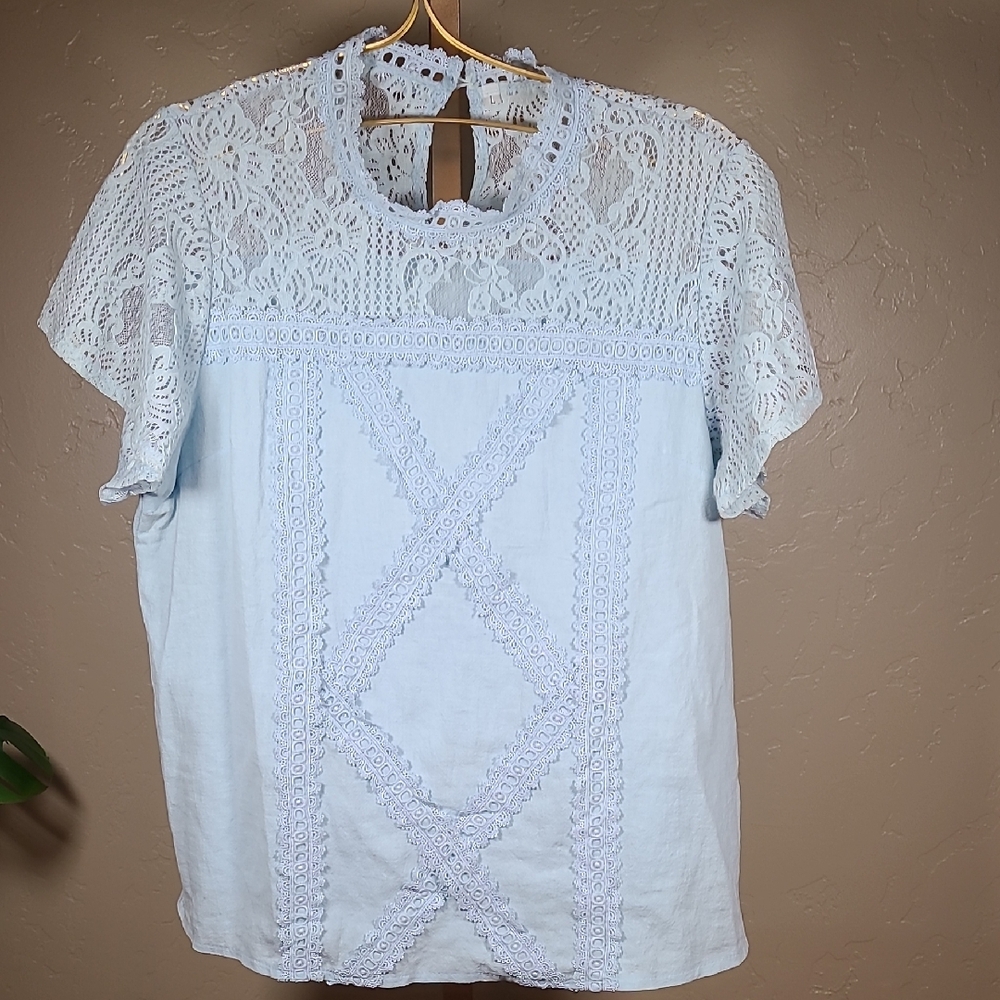 Blue Lace‎ Cut Out Short Sleeve Blouse Large